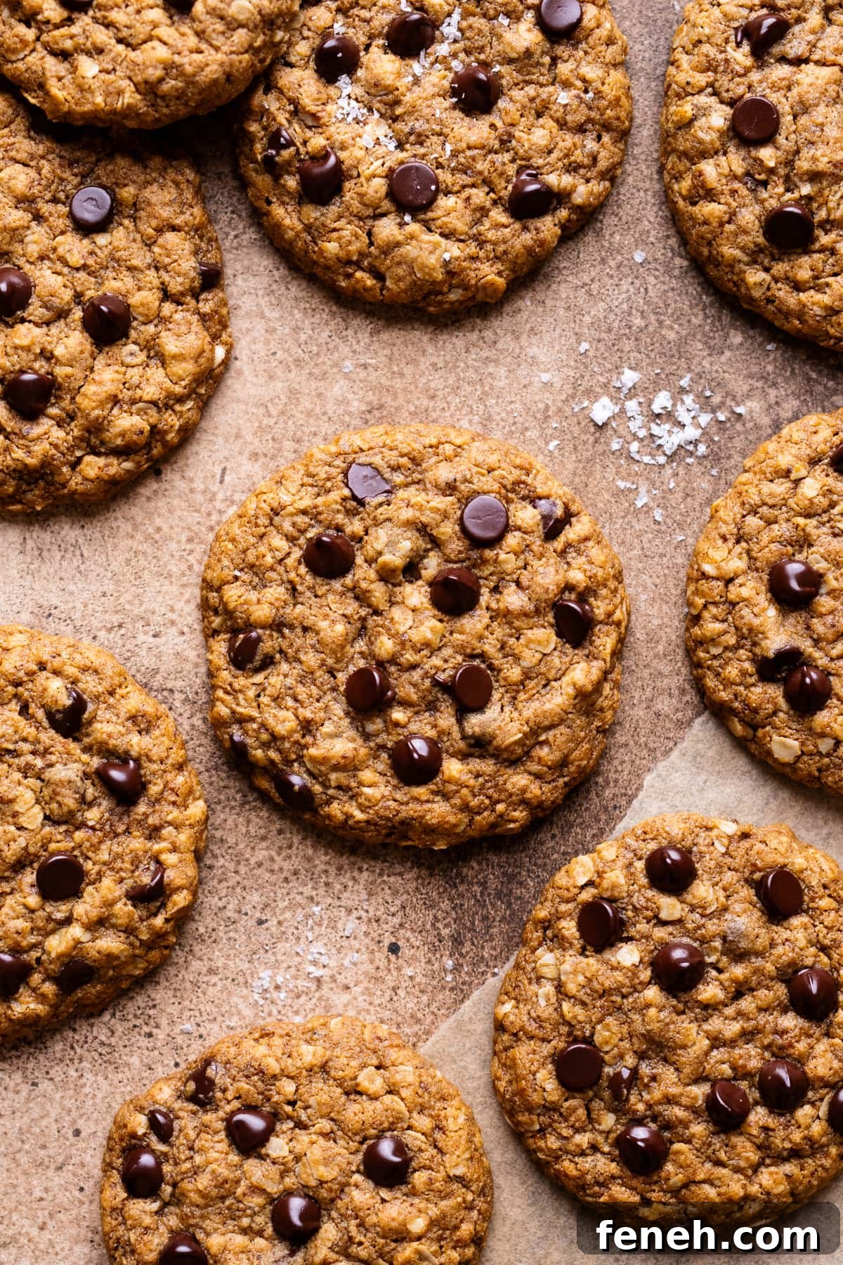 Vegan oatmeal chocolate chip cookies arranged on a light brown background with sprinkles of sea salt around them.