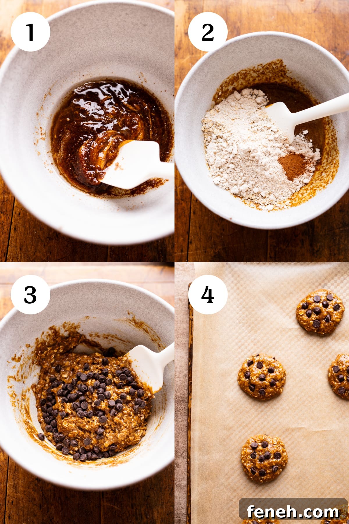 Step by step photos showing how to make vegan oatmeal chocolate chip cookies.