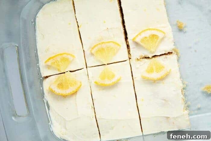 overhead view of 6 keto lemon cookies with cream cheese and lemon slice in cookie dish