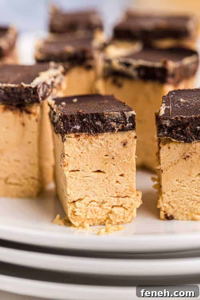 closeup of a keto peanut butter dessert piece with a chocolate fat bombs topping