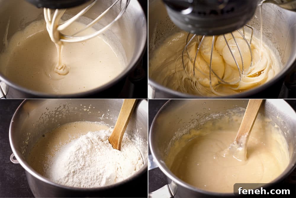 Four photos showing the process of making the cake batter for cinnamon swirl loaf cake.
