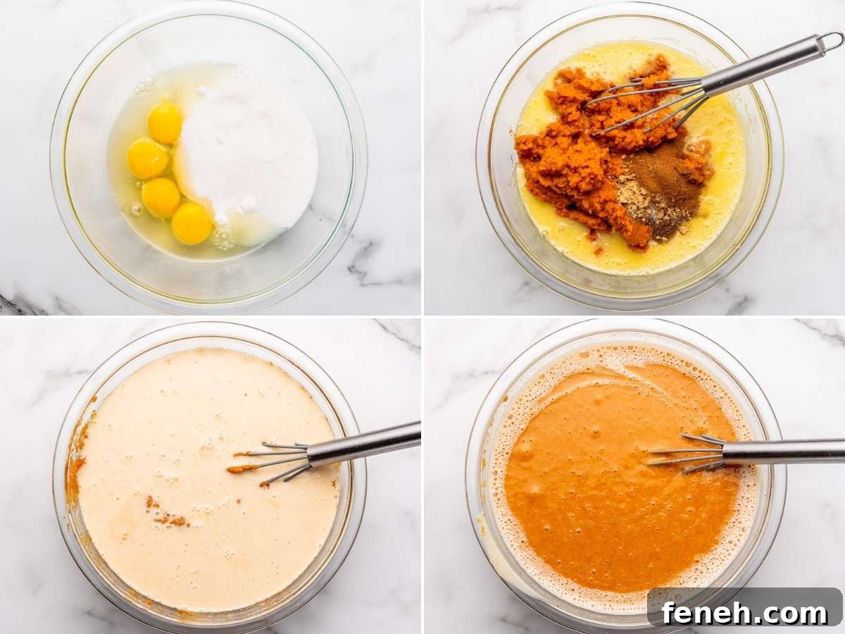 Classic Pumpkin Slab Pie Recipe for Fall Gatherings 4 Collage of 4 images showing how to make pumpkin pie batter