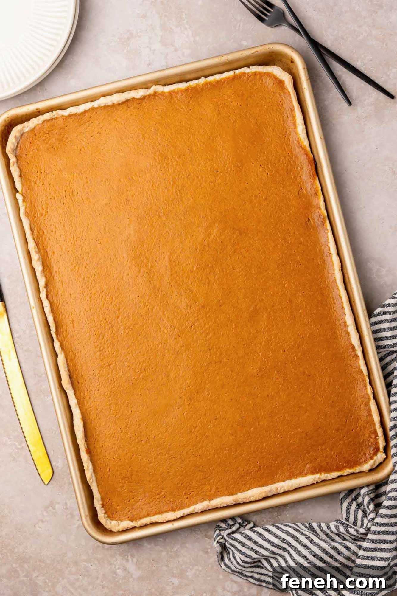 Classic Pumpkin Slab Pie Recipe for Fall Gatherings 5 Overhead shot pumpkin slab pie in a sheet pan
