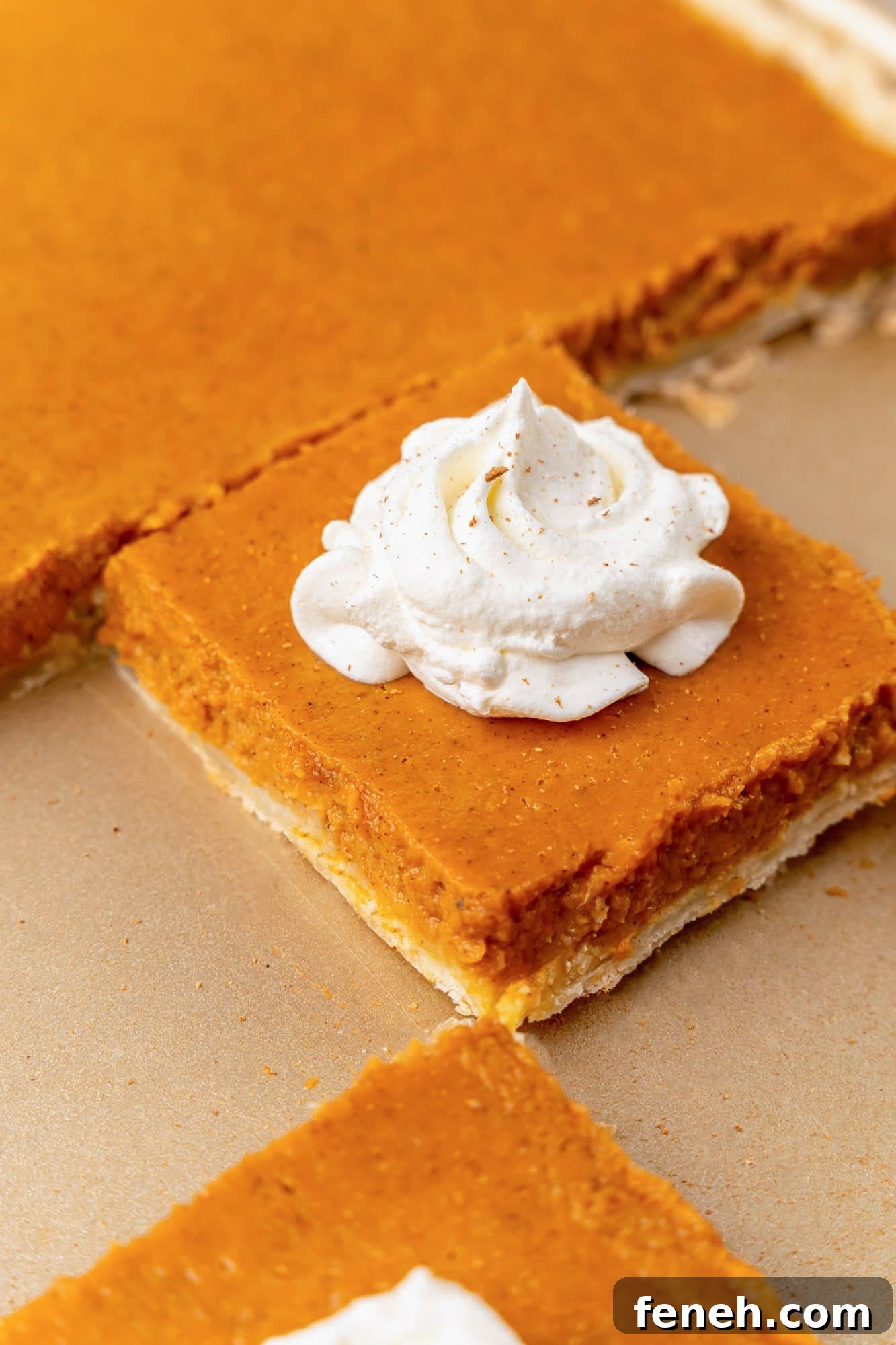 Classic Pumpkin Slab Pie Recipe for Fall Gatherings 6 A slice of the pie on a sheet pan with whipped cream on top and a sprinkle of ground cinnamon
