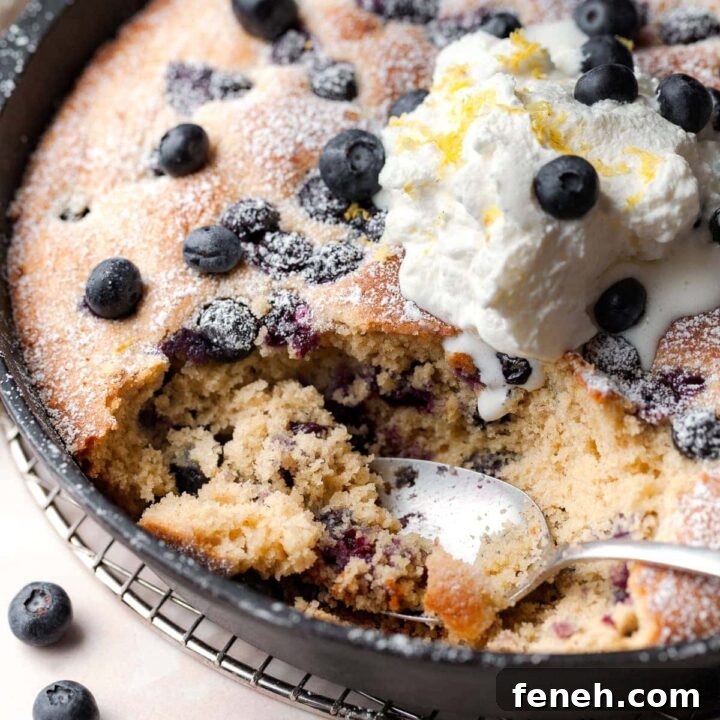 a gluten free breakfast cake with blueberries in a cast iron skillet topped with whipped cream, a spoon full of the cake has been removed