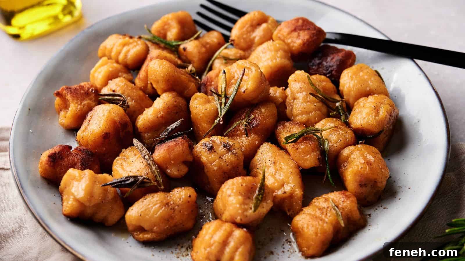 A plate of golden-brown gnocchi garnished with rosemary, served with a black fork.