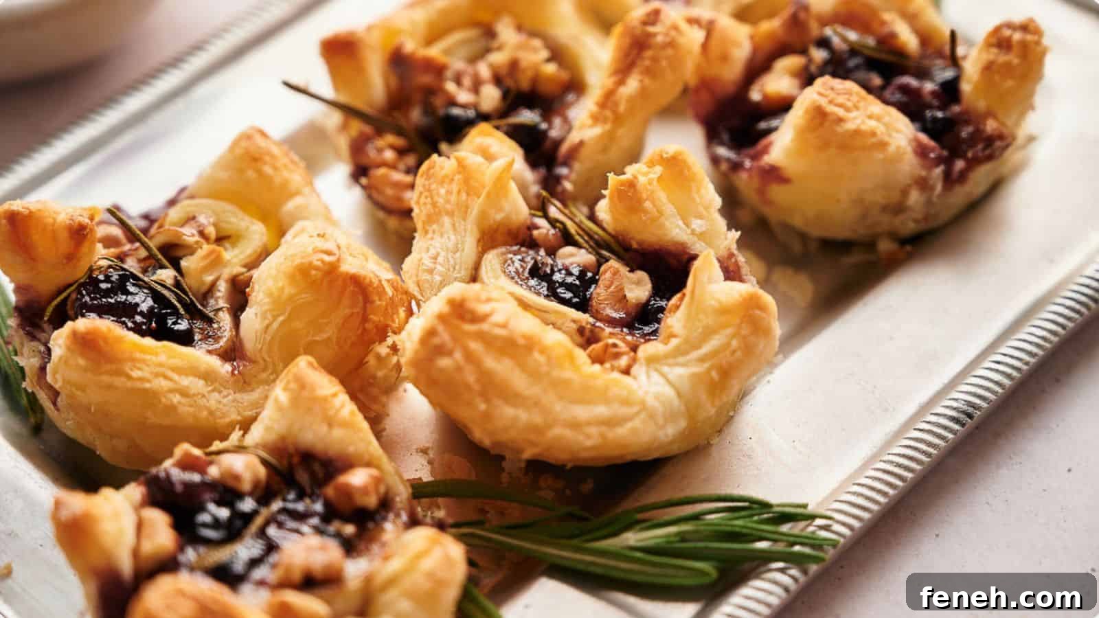 A tray of cranberry brie bites with walnut topping.