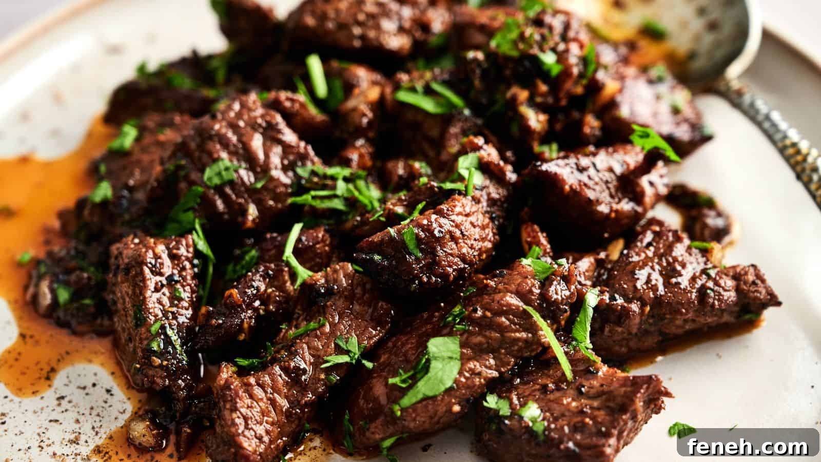 Close-up of cooked beef chunks garnished with chopped herbs on a plate with a spoon nearby.