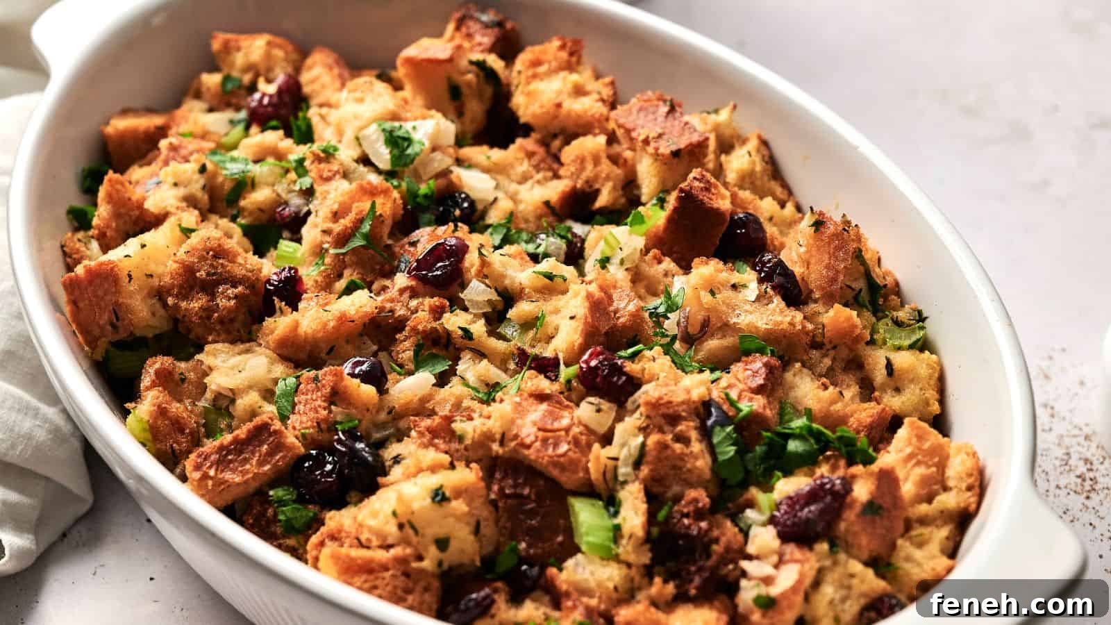 A close-up of a casserole dish filled with stuffing made of bread cubes, cranberries, chopped herbs, and celery.