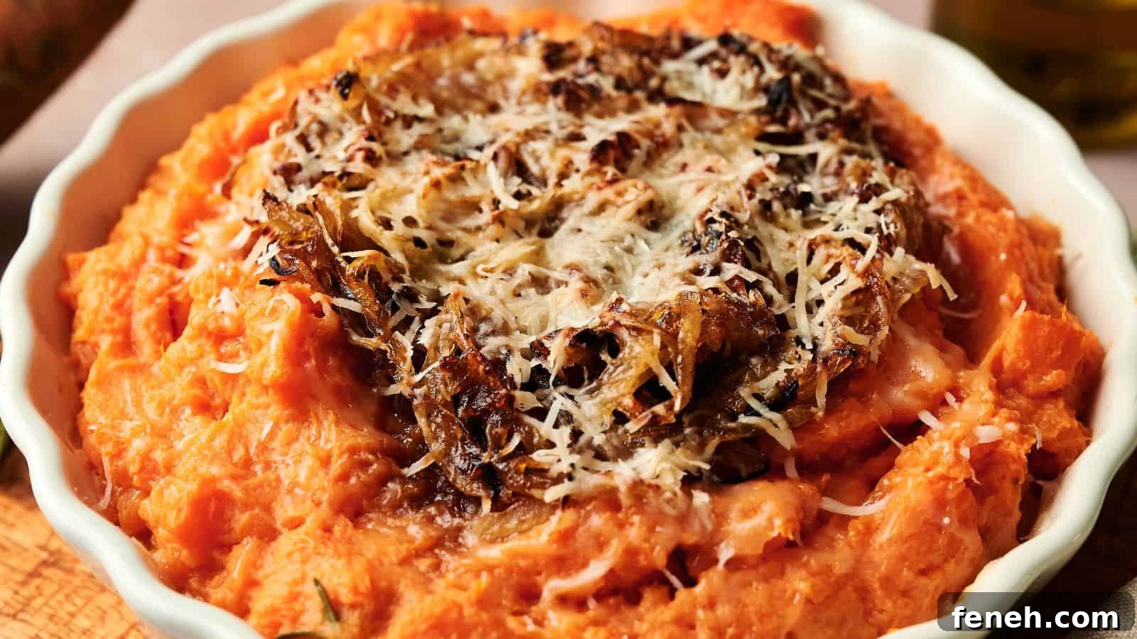 A bowl of mashed sweet potatoes topped with crispy caramelized onions and grated cheese.