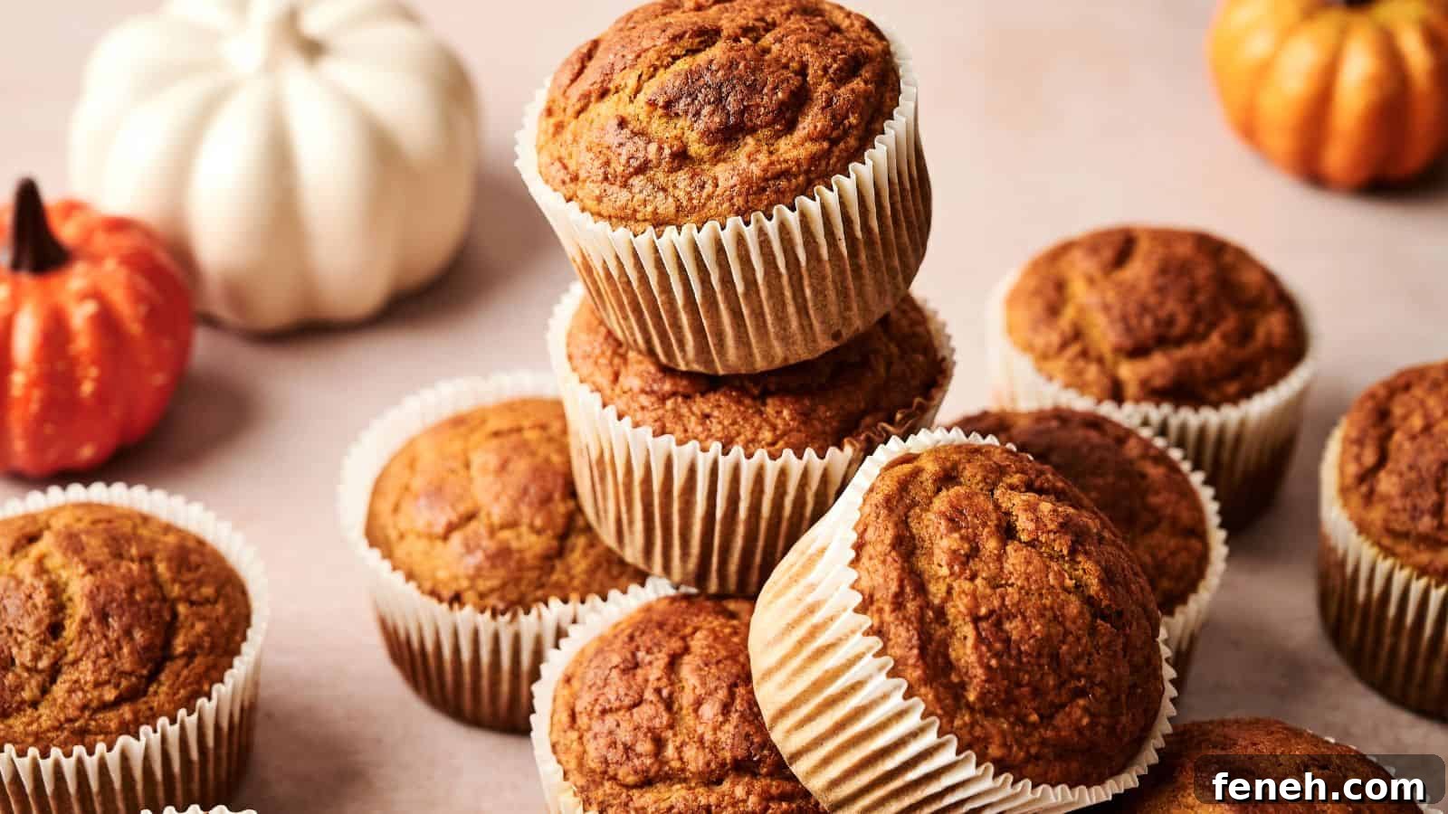A stack of pumpkin muffins in paper liners is arranged on a light surface, with small decorative pumpkins in the background.
