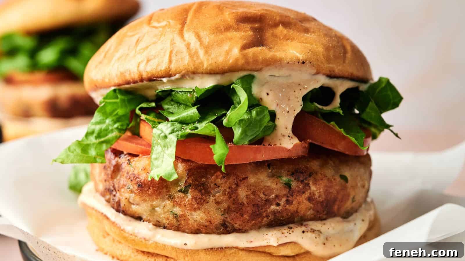 A close-up of a chicken burger with lettuce, tomato, and a creamy sauce in a toasted bun.