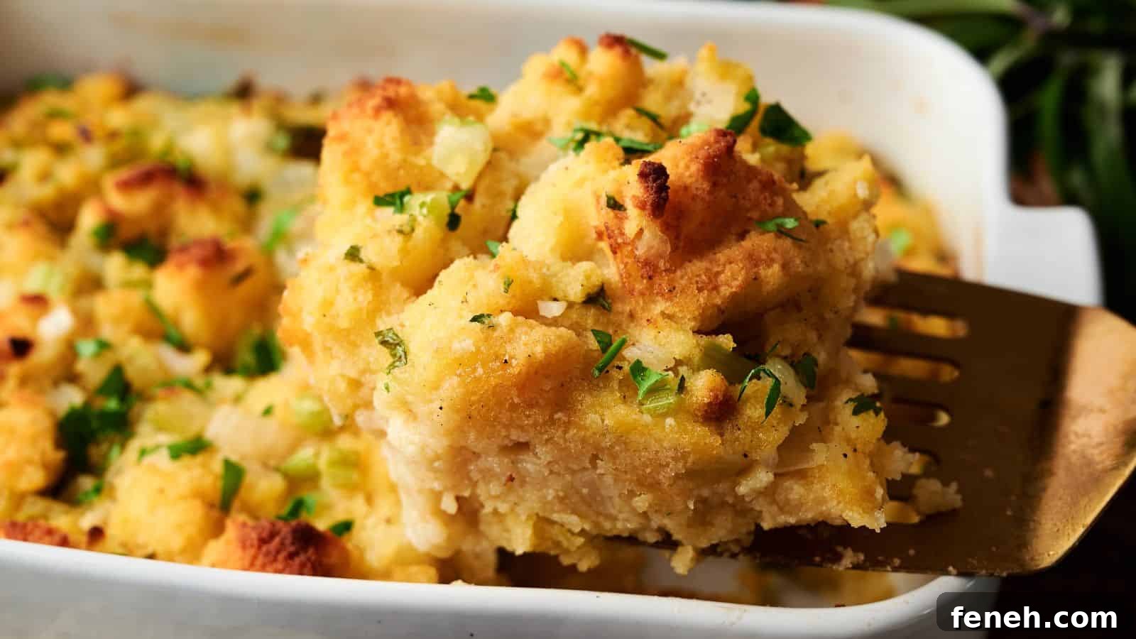 A metal spatula lifts a serving of baked stuffing topped with chopped parsley from a white casserole dish.