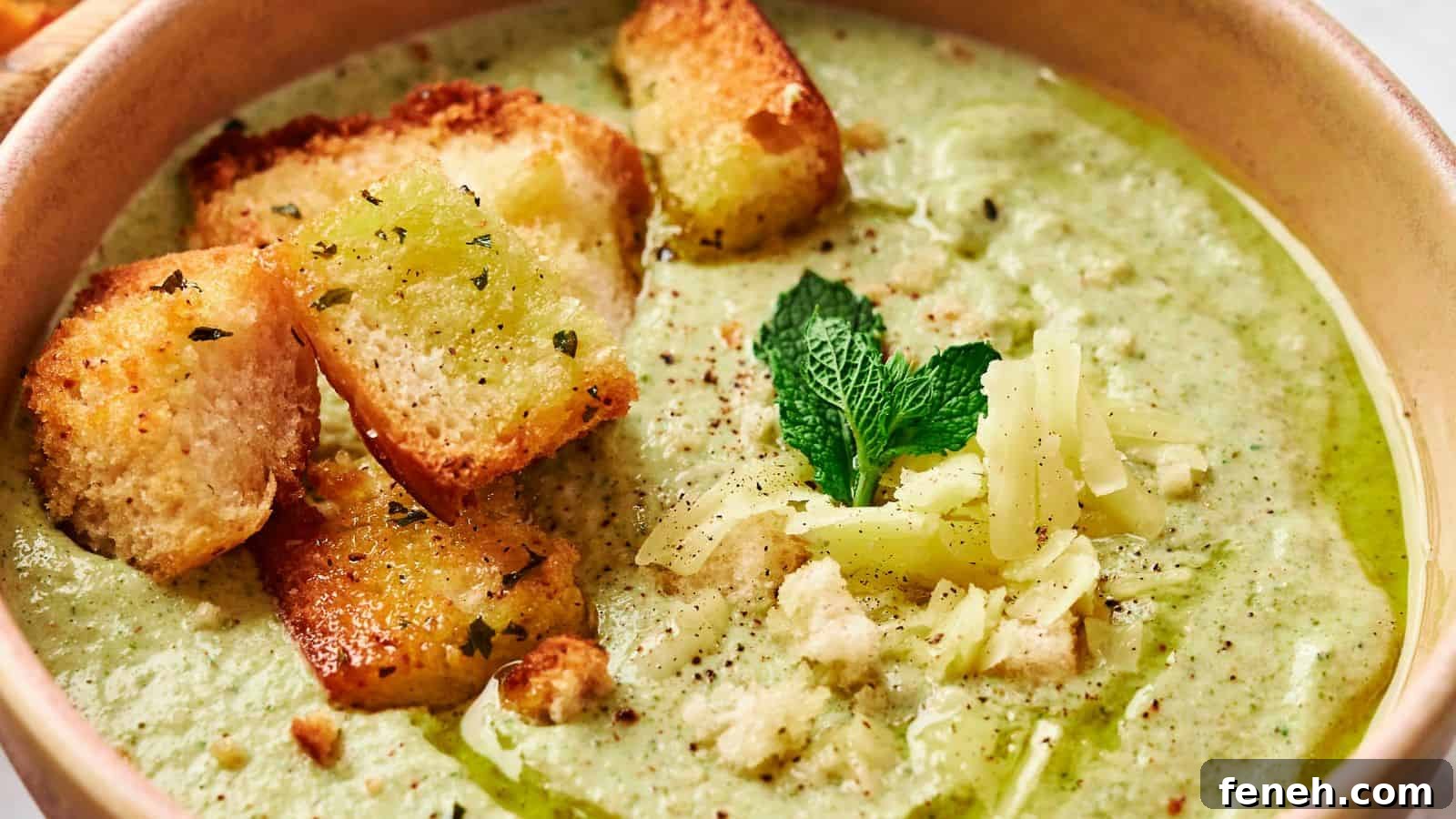 A close-up of a bowl of broccoli cheddar soup garnished with croutons, a sprig of mint, and grated cheese.