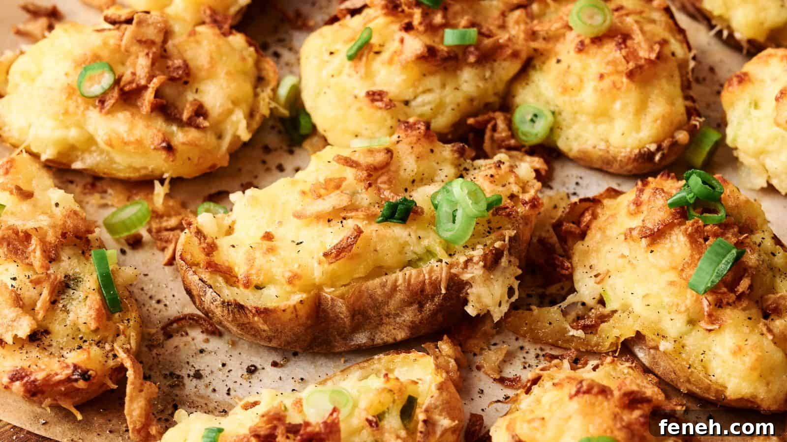 Twice-baked potatoes topped with melted cheese and chopped green onions on a baking sheet.