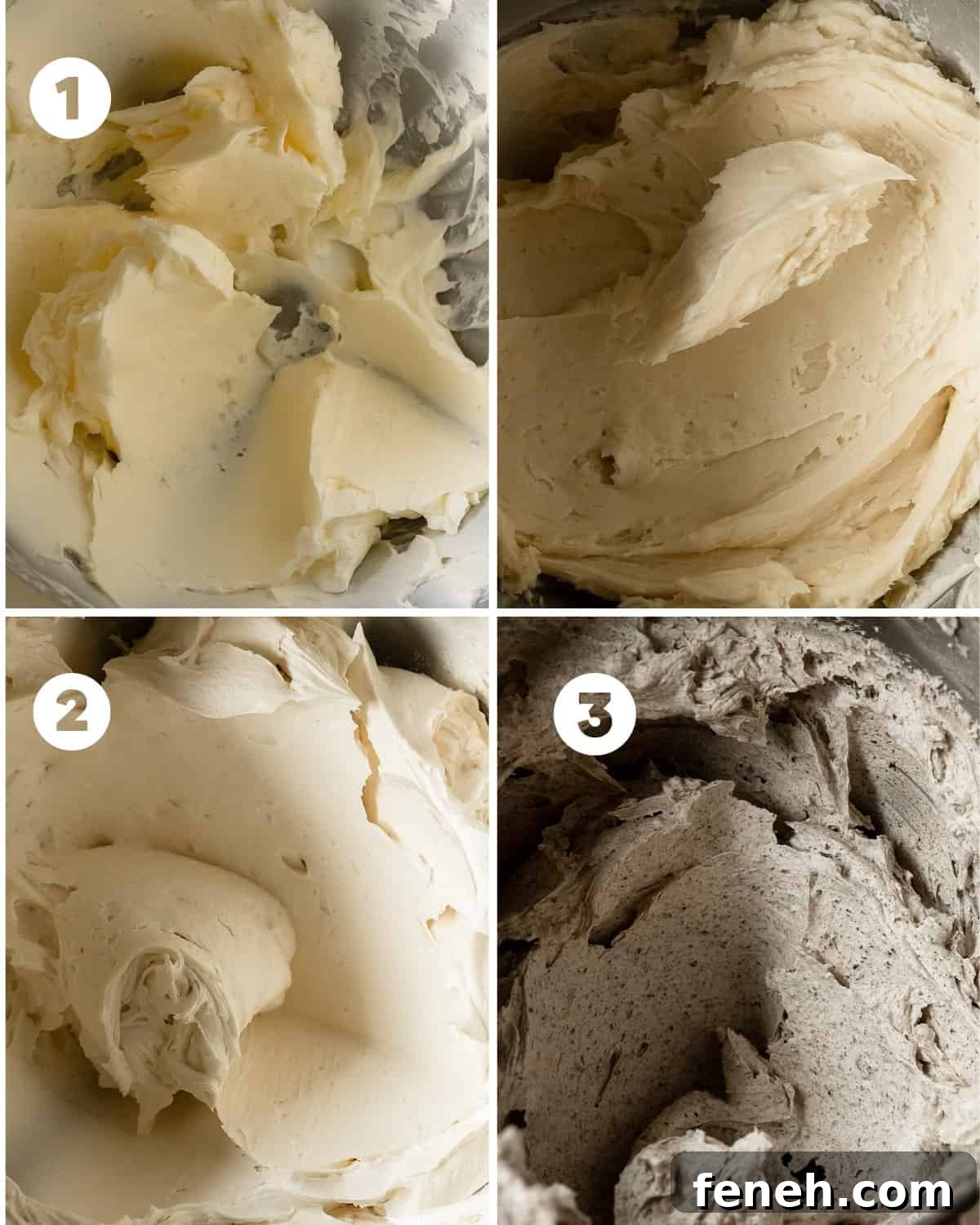 Cream the softened butter until smooth. Then mix in powdered sugar, vanilla, salt and cream. Beat until light and fluffy, then fold in crushed Oreo cookies.