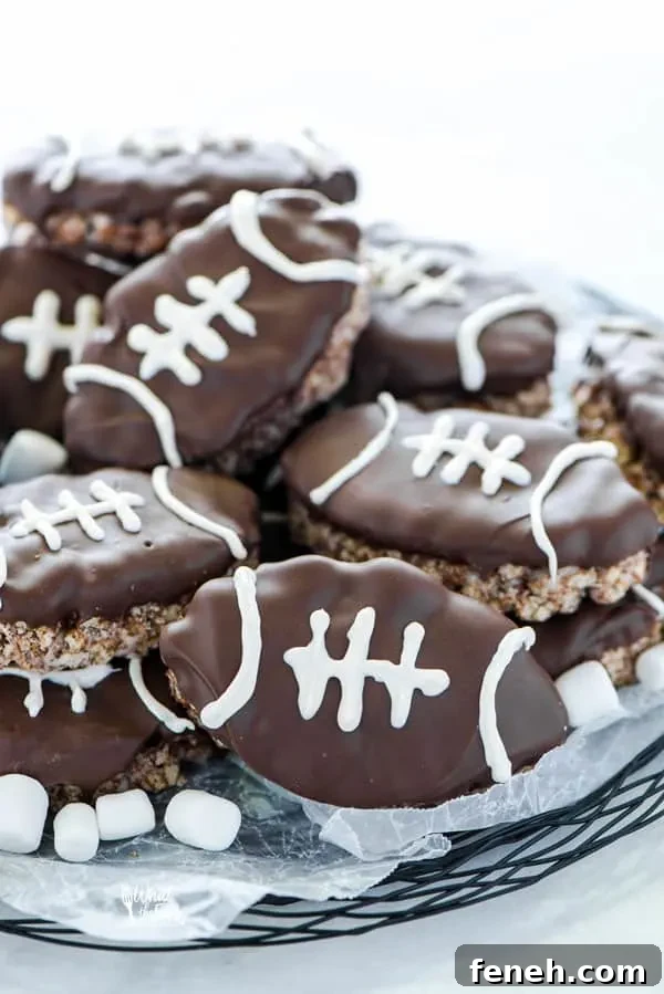Chocolate Rice Krispies Treats are turned into Football Rice Krispie Treats for game day