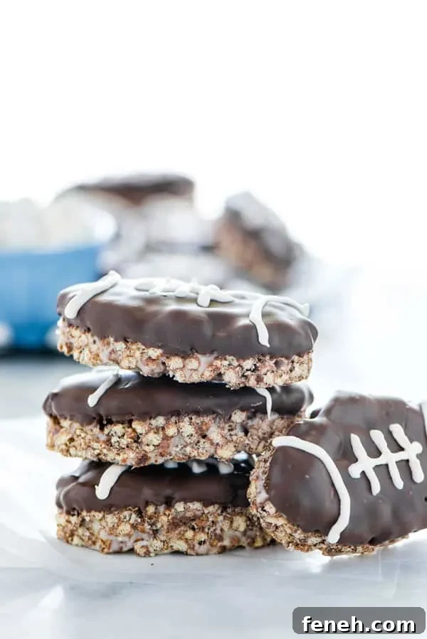 Chocolate Rice Krispies Treats are turned into Football Rice Krispie Treats for game day