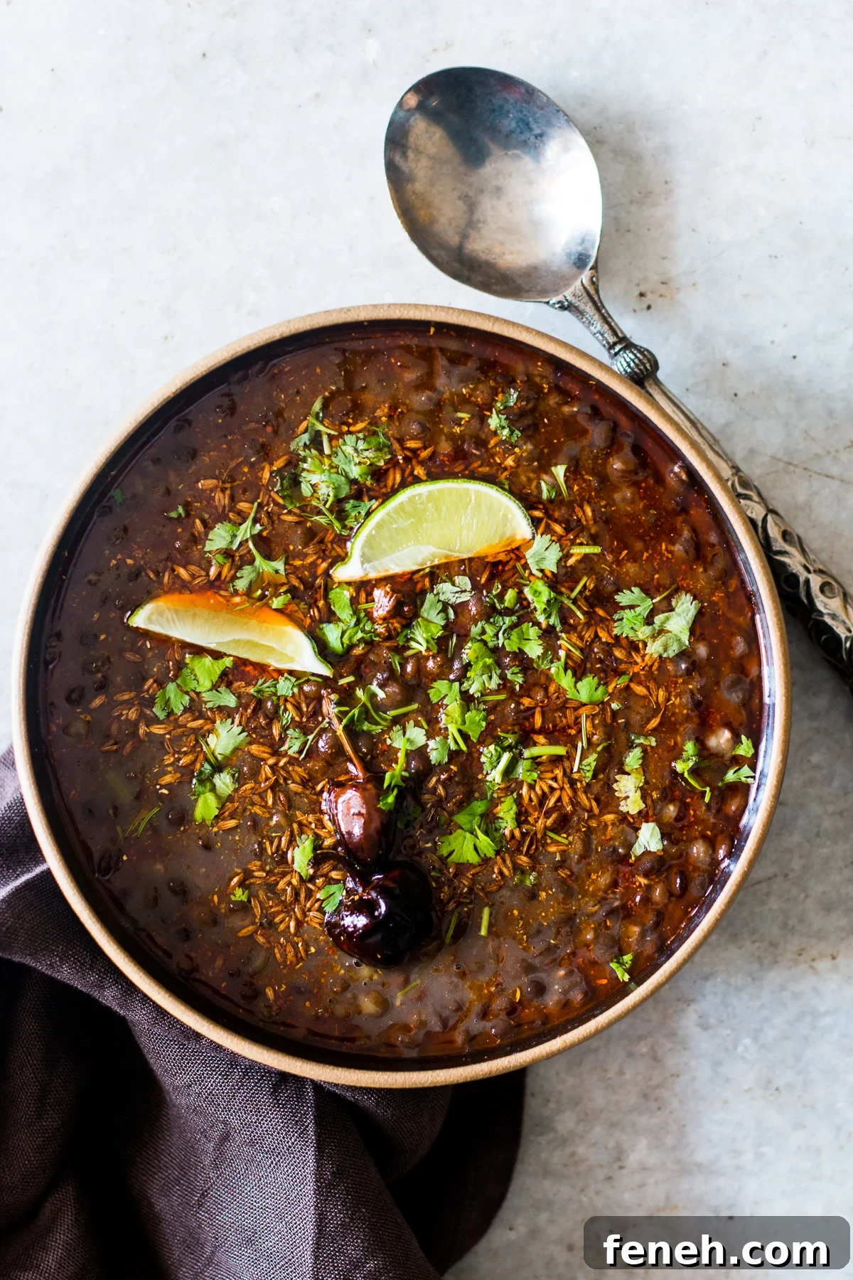 black lentil soup with cilantro and lime