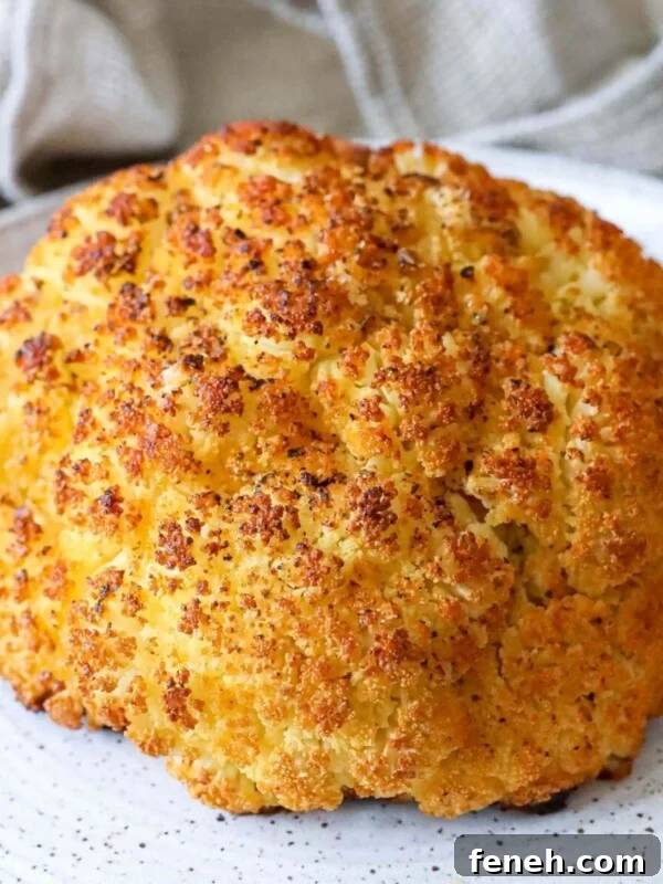 A whole roasted cauliflower on a plate with a napkin.