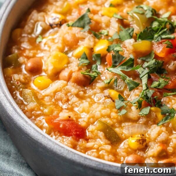 A close-up of a bowl of vegan soup, featuring rice, chickpeas, corn, tomatoes, and chopped cilantro on top—perfect for fans of hearty vegan charro bean or classic rice soup.