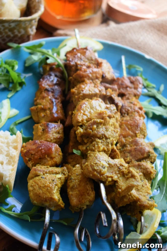 CLOSE UP OF THE MOROCCAN SPICED PORK KEBABS
