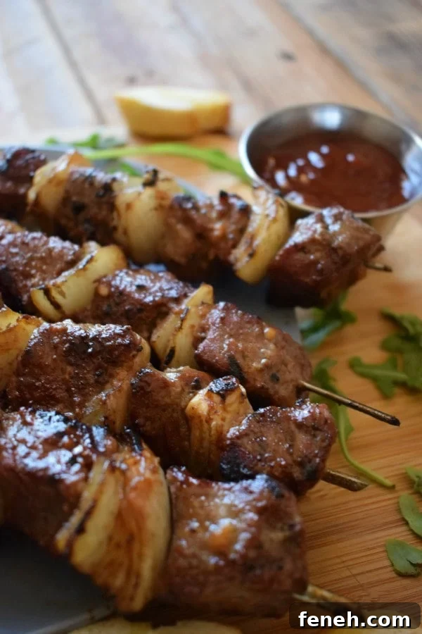 CLOSE UP OF THE BARBECUE BEEF KEBABS
