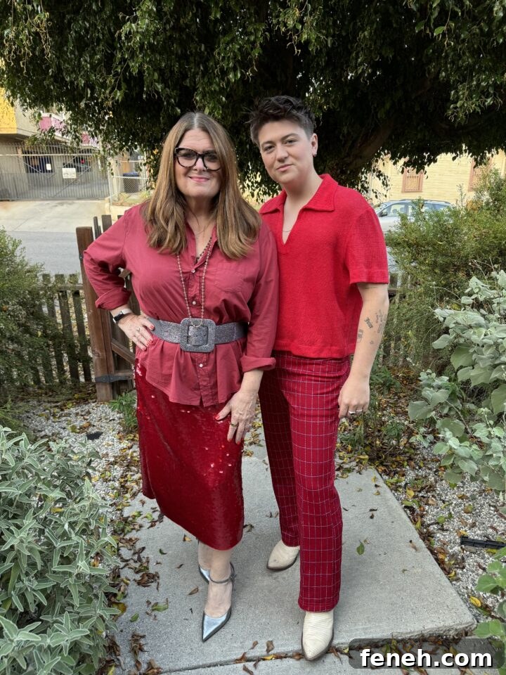 Teri and September wearing red