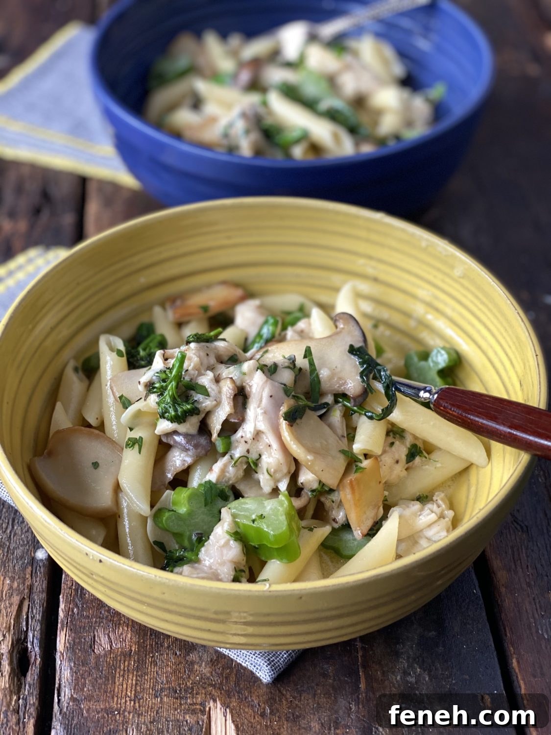 two bowls of mushroom and chicken pasta