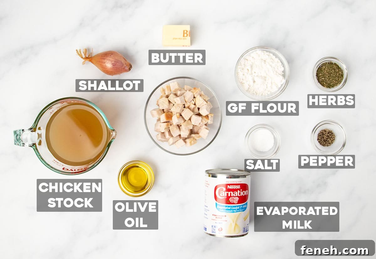 ingredients for gluten free cream of chicken soup laid out in small bowls and a can with words for names of ingredients