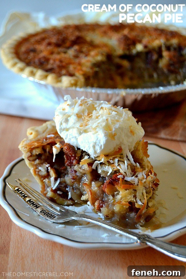 A slice of cream of coconut pecan pie on a white plate with a fork