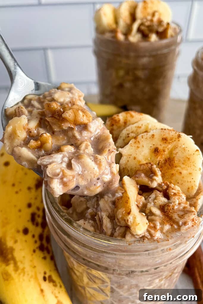 close up shot of banana bread overnight oats on a spoon for serving