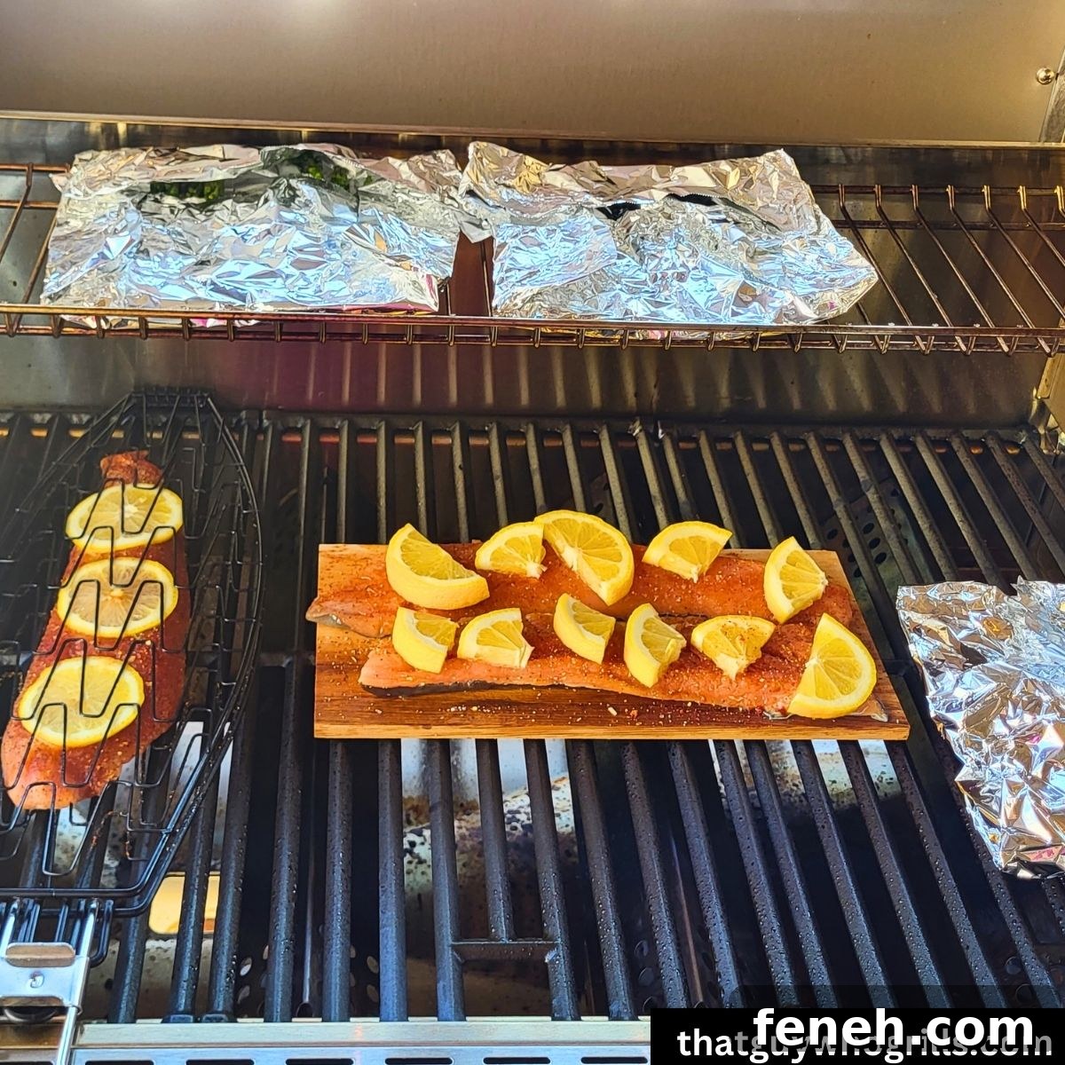 Grilled Salmon On A Cedar Plank Cooking with Salmon in foil, slamon in fish basket, and cheesy asparagus