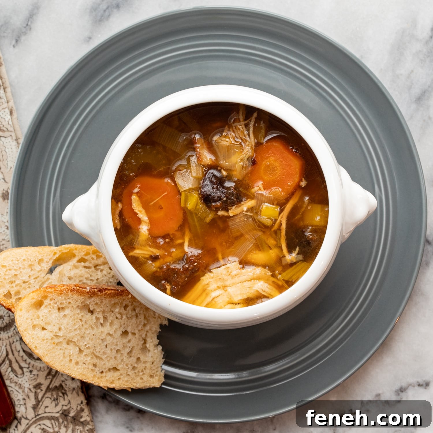 A bowl of Instant Pot cock-a-leekie soup (chicken soup with leeks).