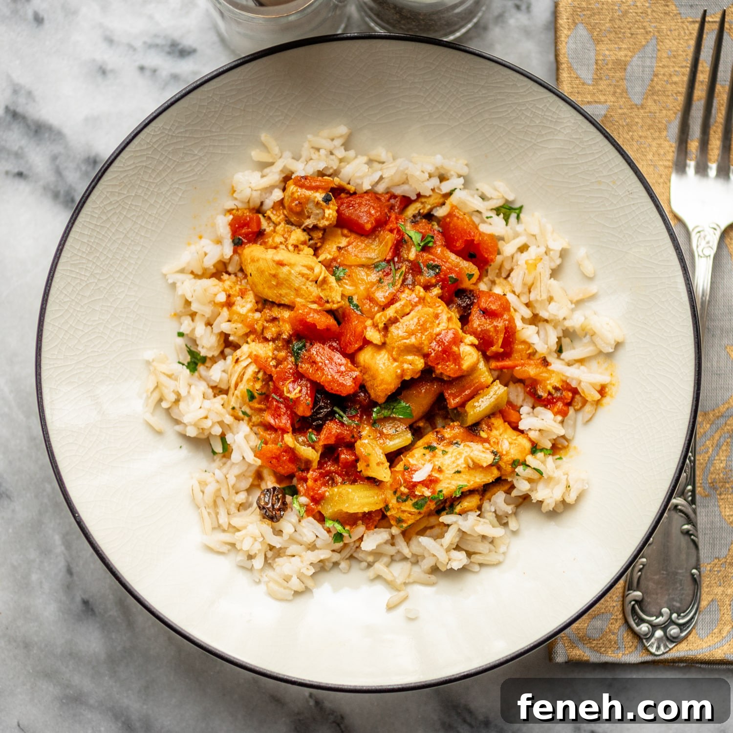 Country captain chicken, a southern dish with exotic flavors, cooked in the Instant Pot.