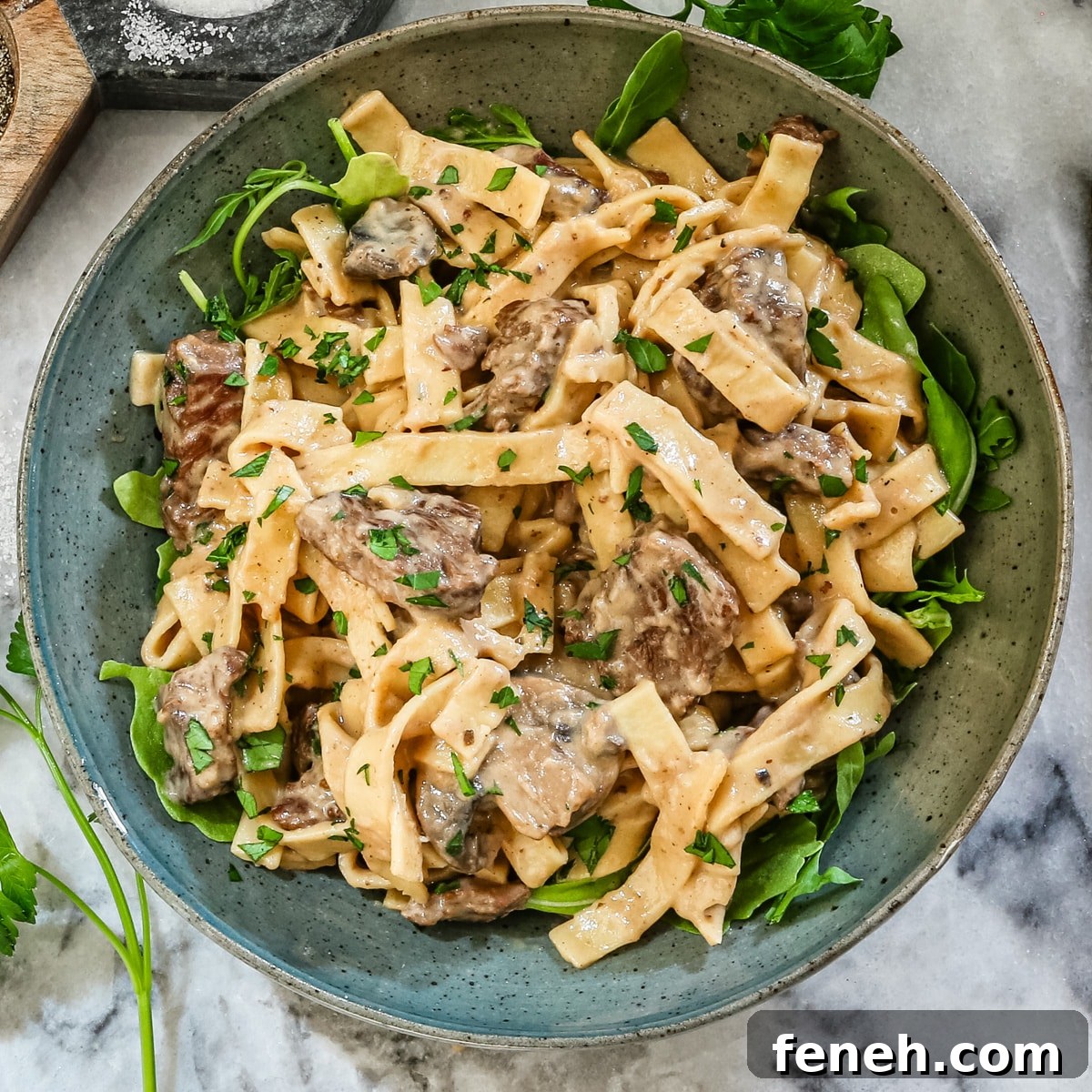 Closeup shot of our Instant Pot beef stroganoff with noodles.