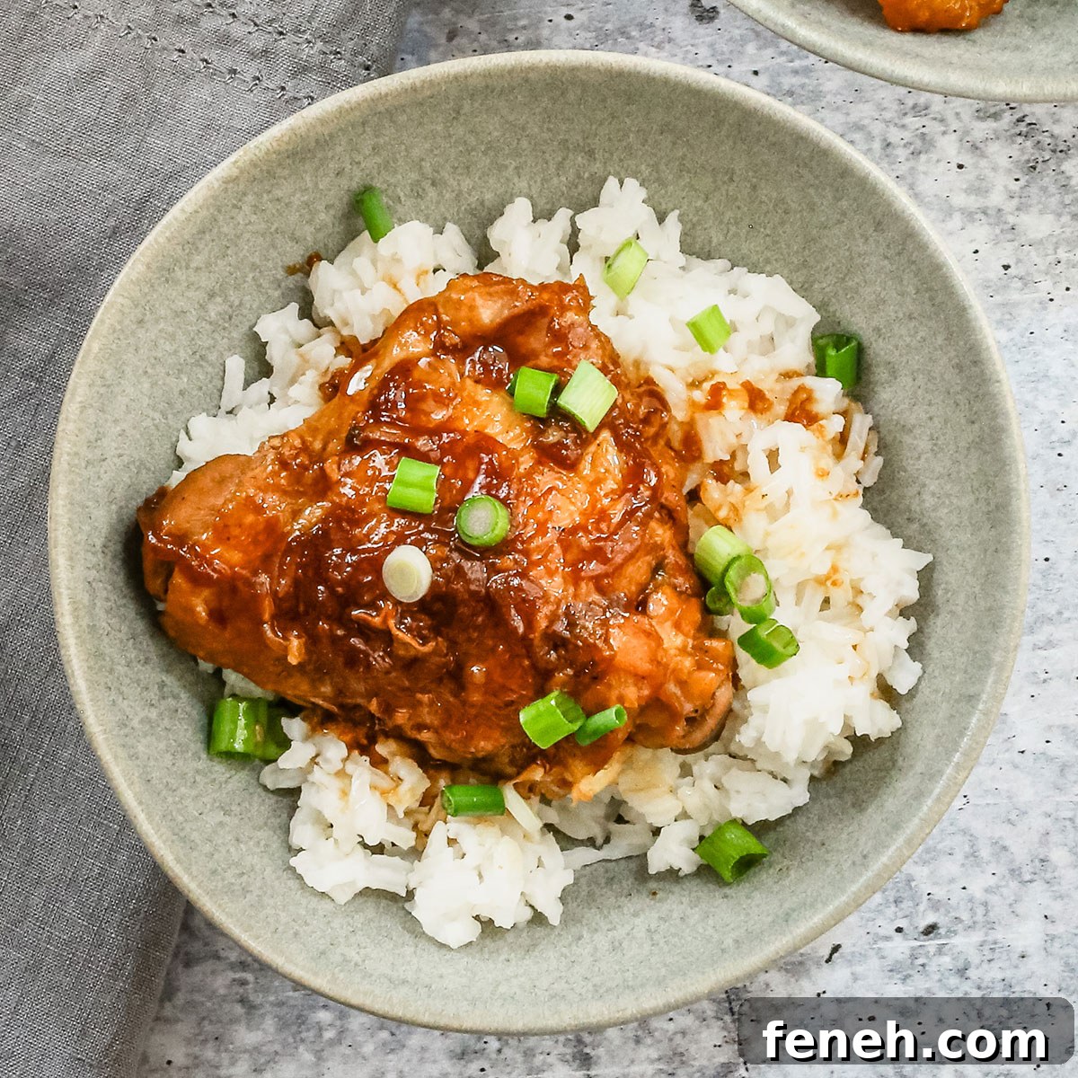 Instant Pot chicken adobo is plated in a bowl with rice and green onions.