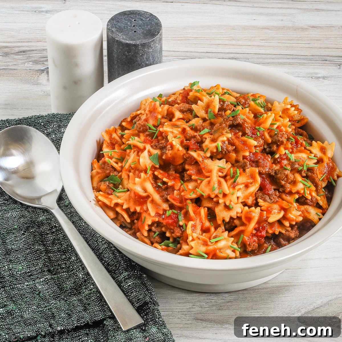 Instant Pot farfalle dinner with pasta and beef.