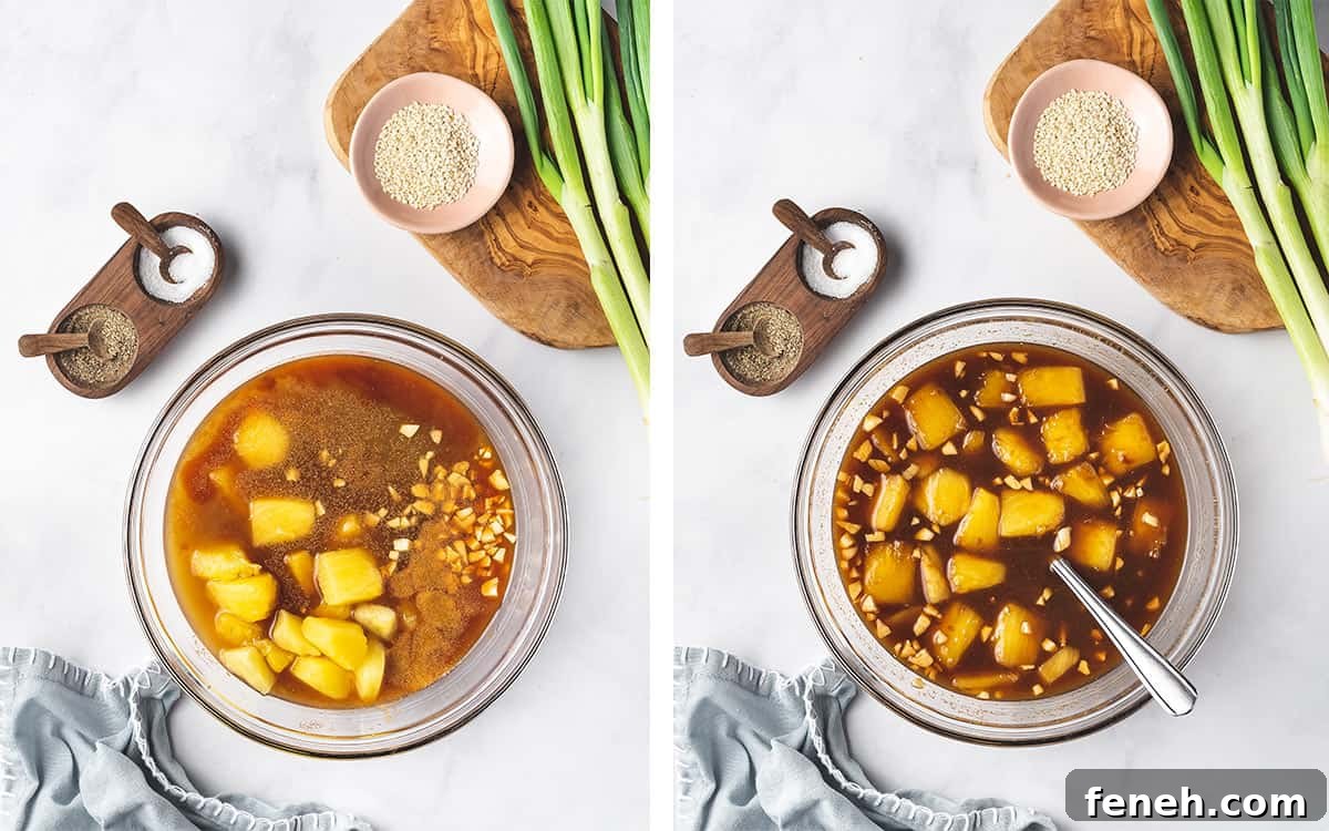 Set of two photos showing sauce mixed in a bowl.