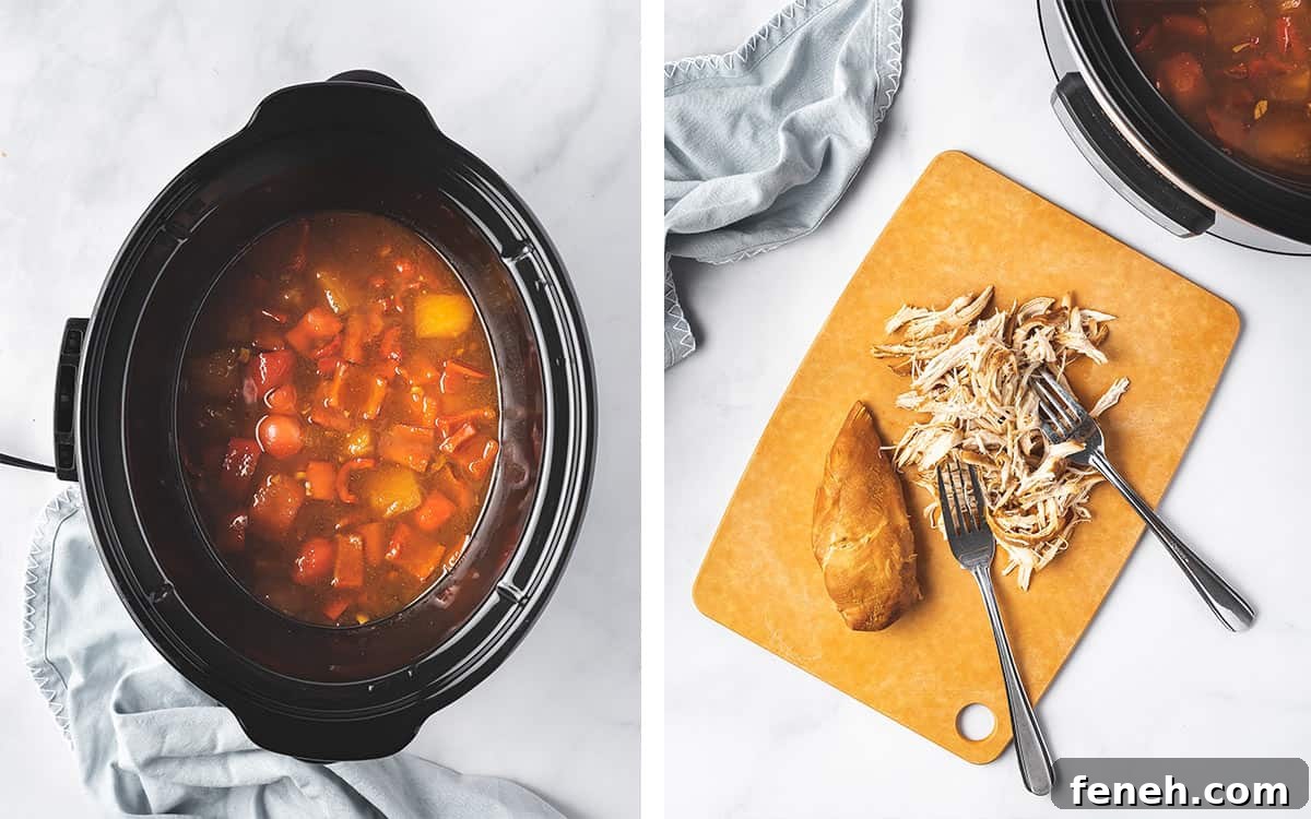 Set of two photos showing the sauce cooked in a slow cooker and chicken shredded.