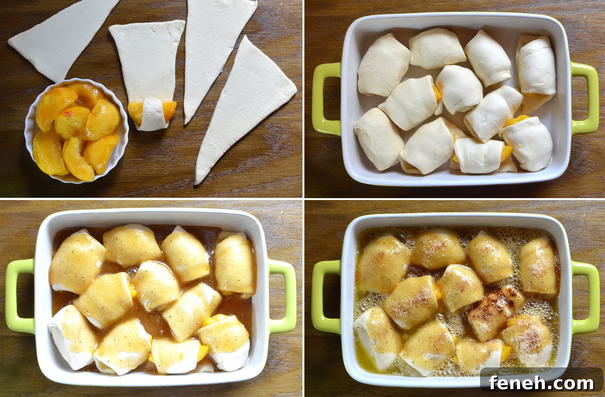 Step by step peach dumplings with crescent rolls showing dough, filling, sauce and baking process
