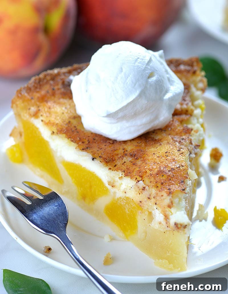 Piece of Peach and Cream Pie on a white plate garnished with whipped cream on top.