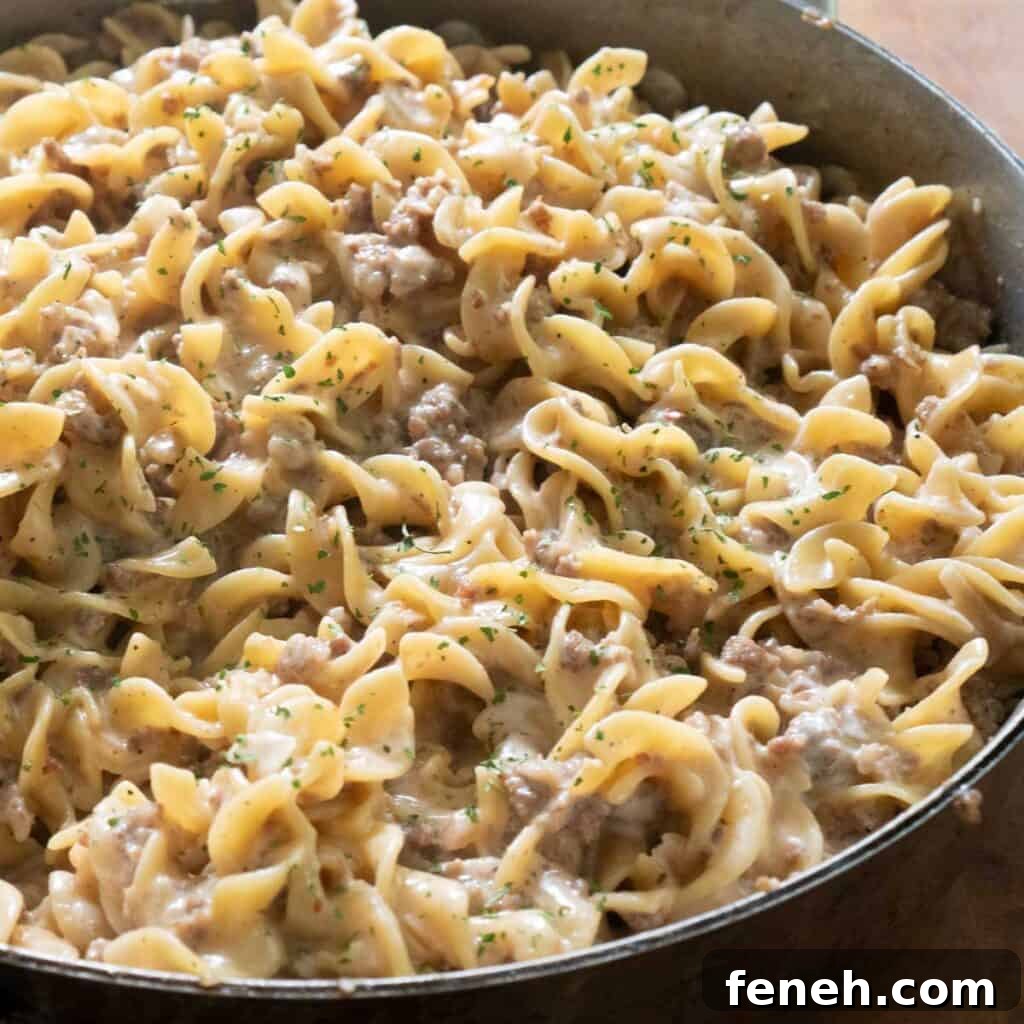 close up of creamy sausage pasta in pan