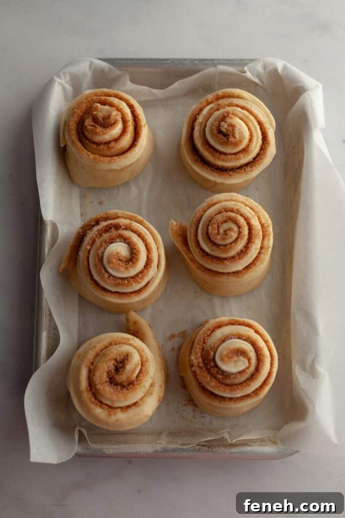 Six cinnamon buns unbaked on a lined sheet pan.