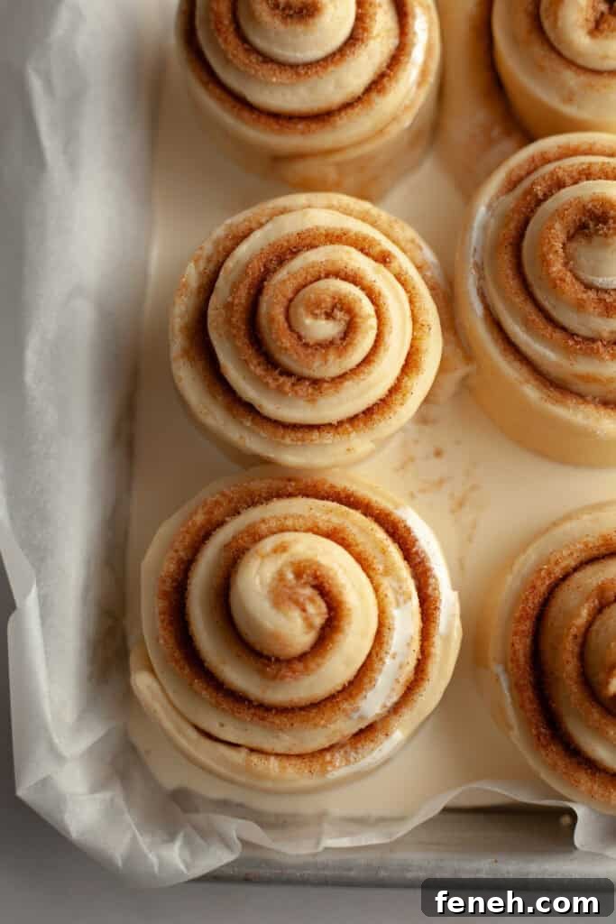 Unbaked cinnamon rolls in a small pan with heavy cream.