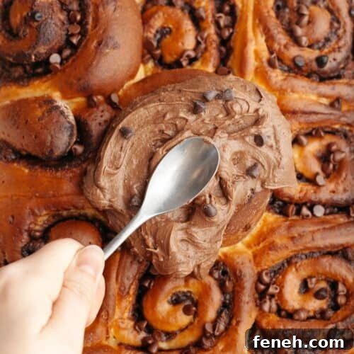 A hand spread chocolate cream cheese frosting with a spoon on top of chocolate cinnamon rolls.