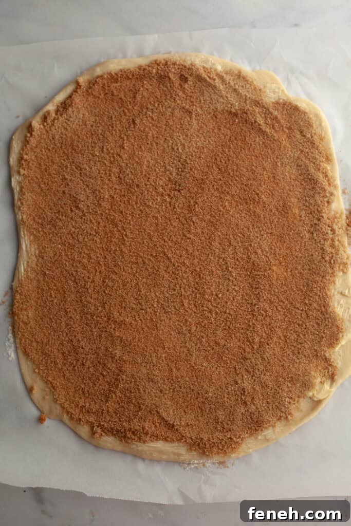 A large rectangular piece of dough covered in cinnamon sugar.