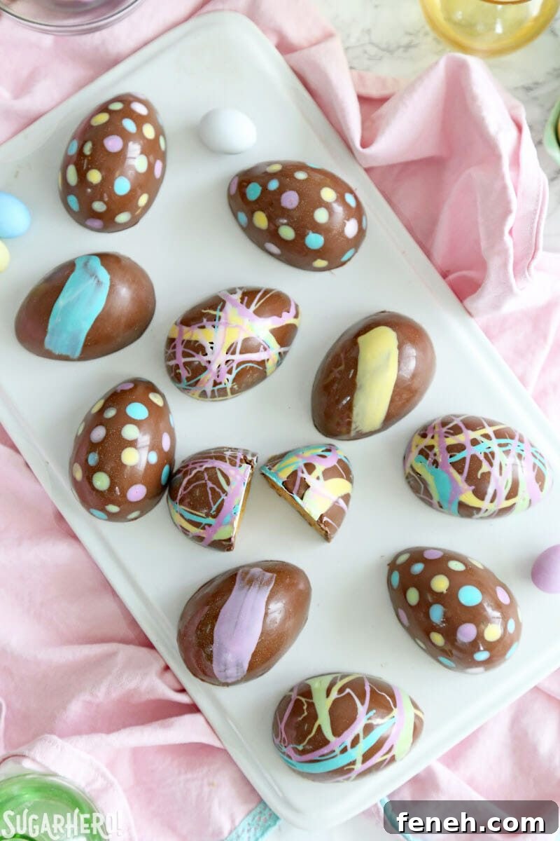 Overhead shot of Peanut Butter Easter Eggs on a white platter