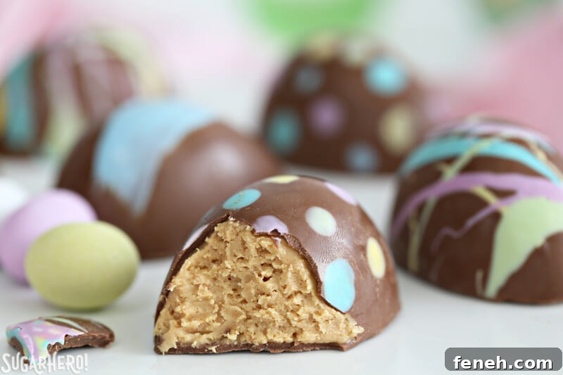 Close-up of Peanut Butter Easter Eggs with a bite taken out of it