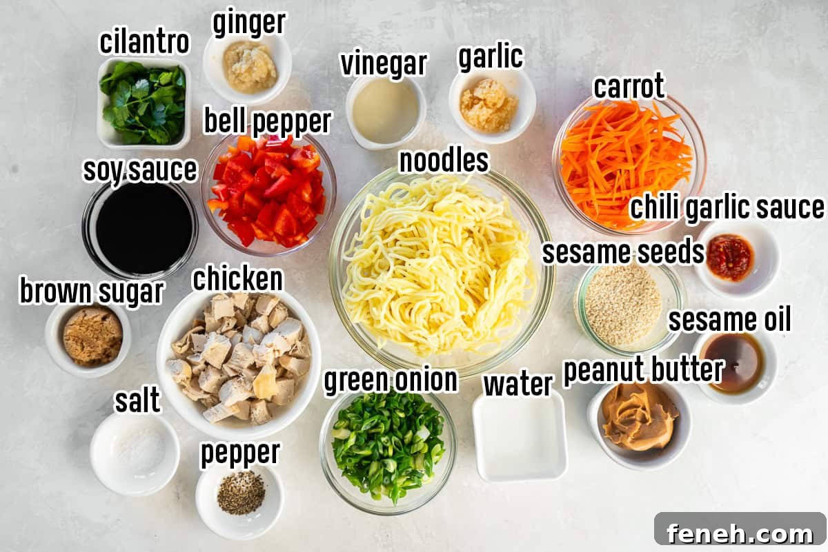 Chinese noodles, peanut butter, and other ingredients in bowls with text overlay.